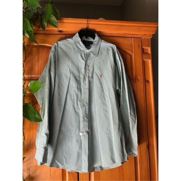 RALPH LAUREN BLAKE COTTON SHIRT Mens Sz XL White Green Stripes - Picture 3 of 8